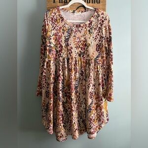 Women's Cream Watercolor Long Sleeve Floral Babydoll Swing Sweater Dress